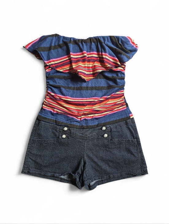Pants - Y2k Vintage Striped Off-Shoulder Romper with Dark Denim Shorts